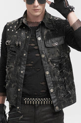 Schwarze, lockere, nicht dehnbare Batik-Weste für Herren mit dekadenter Punk-Optik und Totenkopf-Schafskopf-Dekoration